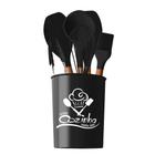 Jogo Utensílios Cozinha C/7 Silicone Preto Cabo Madeira 123útil