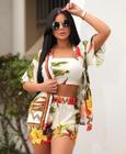 Kimono + Shorts+ Cropped 3 Peças Feminino Primavera/ Verão