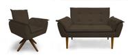 Kit 01 Namoradeira + 01 Poltrona Decorativa Opala Base Giratória Suede Marrom - MeularDecor