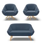 Kit 01 Namoradeira 02 Lugares e 02 Poltronas Giratória Giovana Suede Azul Marinho Base Madeira MA30 - D'Rossi