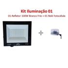 Kit 01 refletor led holofote 100w + 01 relé fotocélula acende a noite e apaga de dia