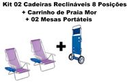 Kit 02 Cadeiras Reclináveis Lilás+02 Mesa Portátil+Carrinho de Praia Vira mesa Mor