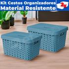 Kit 02 Cestos Caixa Organizadoras Rattan Plástica De 33 Litros C/ Tampa E Alças - Usual Utilidades