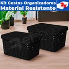 Kit 02 Cestos Caixa Organizadoras Rattan Plástica De 33 Litros C/ Tampa E Alças - Usual Utilidades