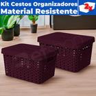 Kit 02 Cestos Caixa Organizadoras Rattan Plástica De 33 Litros C/ Tampa E Alças