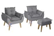 Kit 02 Poltrona/Cadeira Decorativa E Puff Glamour Opala Cinza Com Pés Quadrado