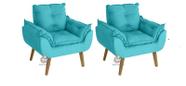 Kit 02 Poltrona/Cadeira Decorativa Glamour Opala Azul Turquesa Com Pés Quadrado
