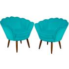 Kit 02 Poltronas Decorativa Pétala Pés Palito Suede Azul Turquesa - DS Estofados