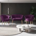 Kit 02 Poltronas Decorativas e Namoradeira Sofá Pétala Luxo Veludo Roxo Pés Palito - Visan Estofados