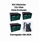 Kit 03 baterias vrla 12v 15ah ciclo profundo, patinete,scooter,bicicleta +caregador 36v 2ah.