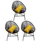 Kit 03 Poltrona Cadeira Acapulco Sala Jardim Varanda Preto Com Almofada Quadrada Suede Amarelo - Ahazzo Móveis
