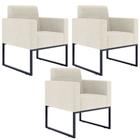 Kit 03 Poltronas Decorativas Sala e Recepção Base Fixa Metal Helô L02 Linho Champagne - Lyam Decor