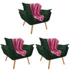 Kit 03 Poltronas Fatte Premium Luxo com Manta Soft Microfibra Rosa Suede Verde Musgo - Ahazzo Móveis