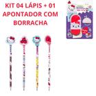 Kit 04 lápis Hello Kitty com Borracha +01 Apontador com Borracha