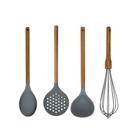 Kit 04 Utensilio de Cozinha em Silicone com Cabo Madeira de Acacia Colher Concha Escumadeira Fuê