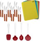 Kit 04 utensílios vermelhos + 12 facas e garfos + tábuas grande