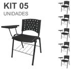 KIT 05 Cadeiras Escolar Universitárias com Prancheta e Porta Livros - Cor Preto - REAPLAST - 32043 - REALPLAST