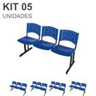 Kit 05 Cadeiras longarinas PLÁSTICAS 03 Lugares - COR AZUL  - REALPLAST - 23012