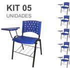 Kit 05 Cadeiras Plásticas Universitárias PRANCHETA PLÁSTICA com Porta Livros - Cor Azul - REALPLAST - 32038