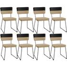 Kit 08 Cadeiras Decorativas Base De Aço Allana L02 Faixa Material Sintético Preto Linho Bege Escuro - Lyam Decor