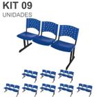 Kit 09 Cadeiras longarinas PLÁSTICAS 03 Lugares COR AZUL REALPLAST