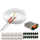 Kit 1 Cabo Coaxial Branco Flexível 80% Malha Bobina de 100m + Fonte Chaveada 12V 15A Tipo Colméia e Conectores para 16 Câmeras