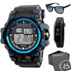 KIT 1 Relógio Digital Masculino Preto Resistente Água 1 Relógio Digital Bracelete Pulseira Silicone 1 Óculos Sol Preto Proteção UV 1 Caixa Exclusiva