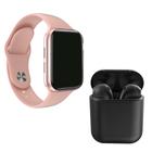 Kit 1 Relógio Inteligente SmartWatch W34 S Rosa Troca Pulseira + 1 Fone Bluetooth inPods i12 Preto - Aquilae