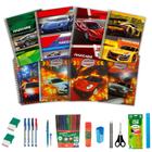 Kit 10 Cadernos Menino Carros Espiral Capa Dura+ Acessórios