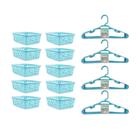 Kit 10 Cesto Plastico Organizador Multiuso Azul + 20 Cabide Reforçado Infantil Bebe