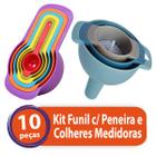 Kit 10 Peças 3 Funil com Peneira e Conjunto 6 Colheres Medidoras Culinária Cozinha