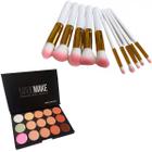 Kit 10 Pincel Maquiagem Kabuki + Paleta Corretivo Magic Make 15 Tons