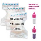 Kit 100 Fraldas Pequenas P/ Boneca Baby Alive New Born + Mamadeira Leite E Suco Magico Rosa