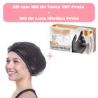 Kit 100 Toucas TNT Preta + 100 Luvas Nitrilicas Preta - Talge