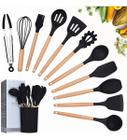 Kit 12 Colheres De Silicone Cabo Madeira Utensílios Cozinha Resistente ao Calor Antiaderente Premium Presente dia das Mães