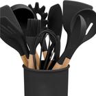 Kit 12 Pçs Utensílios De Cozinha Em Silicone Cabo Madeira - Preto