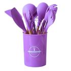 Kit 12 Pçs Utensílios de Cozinha Feito com Silicone e Cabo de Madeira Jogo Completo com Porta Talher