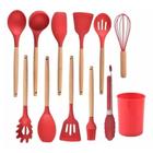 Kit 12 Peças Jogo de Cozinha Utensílios Talheres Silicone com Cabo de Madeira