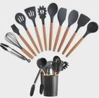 Kit 12 Peças Utensílios Cozinha Silicone Com Cabo De Madeira