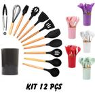 Kit 12 Peças Utensílios De Cozinha Colher De Silicone Cabo Madeira Talher