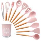 Kit 12 Peças Utensílios Silicone Rosa Concha Colher Madeira - Art home