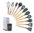 Kit 12 Utensílios Cozinha Silicone - Cabo Madeira