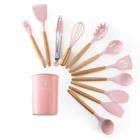 Kit 12 Utensílios Cozinha Silicone Cabo Madeira ROSA - ROSA 12PCS