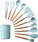 Kit 12 Utensílios De Cozinha Em Silicone E Cabo De Madeira Azul - Booglee