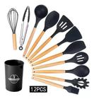 Kit 12 utensílios de cozinha silicone cabo madeira escumadeira cor preto - LojaOn