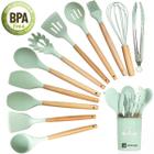 Kit 12 Utensílios de Cozinha Silicone Conjunto Cabo de Madeira Copo Suporte