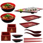 Kit 13 Pecas Prato, Tigelas, Colher e Molheira para Comida Japonesa Nihon Shikko