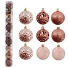 Kit 18 Bolas De Natal 6cm Rose Glitter Folha Pendente Árvore