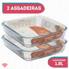 Kit 2 Assadeiras Lasanheira Quadrada Vidro 1,8L Forno