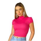 Kit 2 Blusa Feminina Cropped Canelado com Elastano Blusinha Feminina de Malha Manga Curta Gola Alta